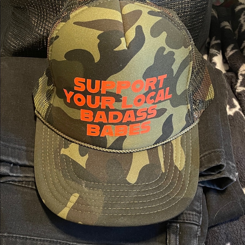 Camo Trucker Hat with Orange Text